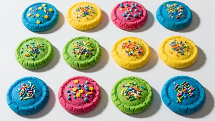 Colorful frosted cupcakes arranged in a grid pattern on a white background, viewed from directly above, showcasing vibrant dessert display