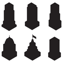  A collection of six unique black isometric silhouettes representing different architectural building designs