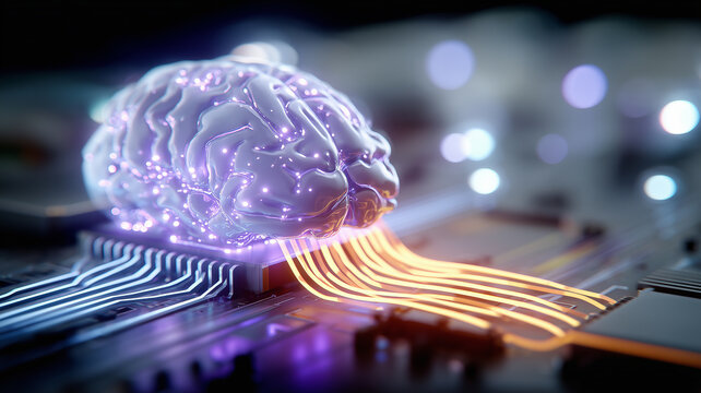 A digital human brain connected to a microchip illustrating artificial intelligence processing power and neural computing concept.
 - Powered by Adobe
