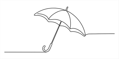 A simple and elegant continuous line drawing illustration of an open umbrella against a white background. Vector, illustration