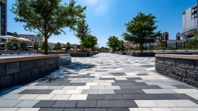 Geometric pattern of gray and white paver stones forming a paved walkway in an urban park setting with trees and modern buildings