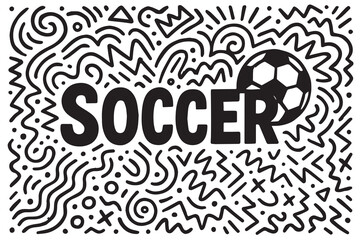 A dynamic vector background doodle featuring the word soccer, filled with sporty elements, playful icons, energetic lines, and hand drawn details that create a fun and active football theme.
