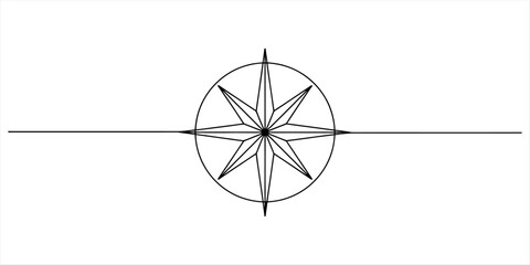 Simple line art drawing of a minimalist eight-point compass rose symbol on a white background Vector, illustration © Single Line Art