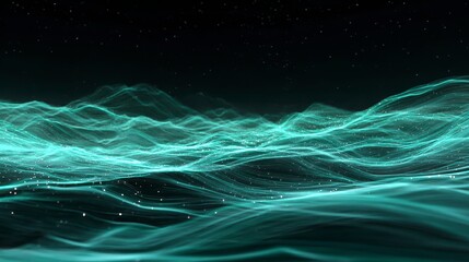 Digital wave pattern with glowing lines and particles creates calm, flowing rhythm in dark space, evoking futuristic and serene atmosphere