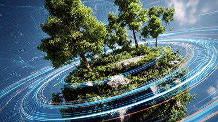 Green trees and rocks on floating island surrounded by glowing circular data streams, symbolizing eco technology and digital sustainability in futuristic sky setting