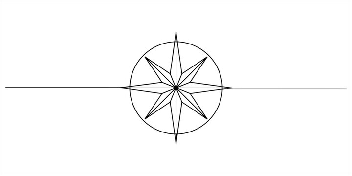 Simple line art drawing of a minimalist eight-point compass rose symbol on a white background Vector, illustration