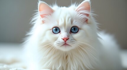 Fototapeta premium White Fluffy Cat with Blue Eyes