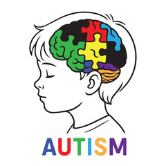 A meaningful autism themed vector design depicting a child&rsquo;s brain with creative visual elements, soft lines, and symbolic details that express diversity, understanding, and cognitive uniqueness.