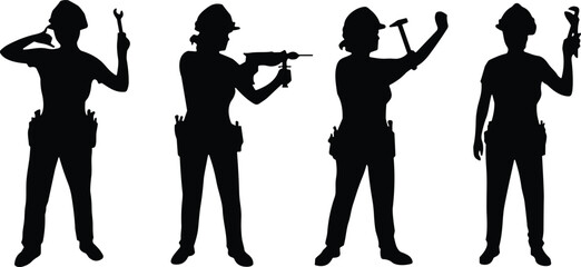 Obraz premium Police officer silhouettes collection isolated on white background showing law enforcement duty poses security protection authority and public safety concept