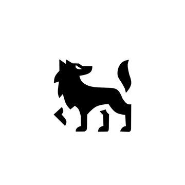 Minimalist wolf silhouette logo with a sharp, modern geometric design. A clean black and white icon representing loyalty, leadership, and wilderness spirit.