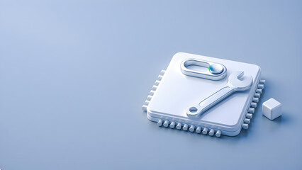 3D System Settings Icon with Wrench and Toggle Switch on Microchip Background with Copy Space