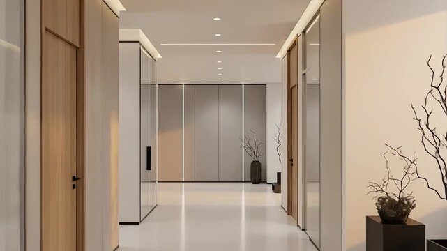 Modern Office Hallway with Natural Light and Sleek Design.