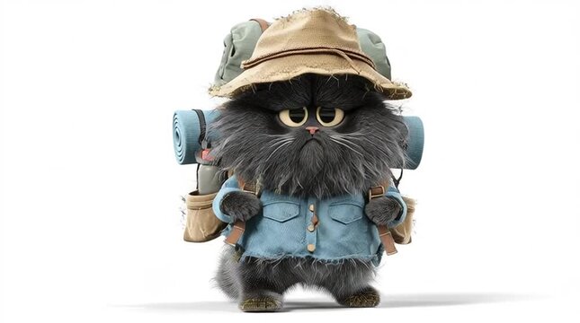 Adorable and Fluffy Black Fat Grumpy Cat Hiking Generative AI