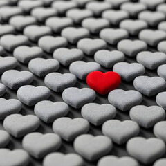 Fototapeta premium A single vibrant red heart stands out from a multitude of uniform grey hearts