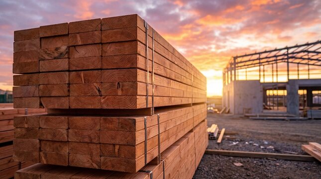 Stack of wooden lumber planks at construction site with steel building frame during sunset