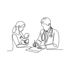 A doctor consults with a mother holding her baby in a line art style