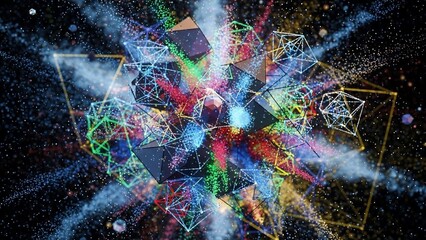 A vibrant abstract geometric explosion of colorful particles and interconnected polyhedra on a dark background.