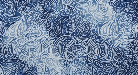 Blue and white paisley pattern on a textile with intricate swirling designs