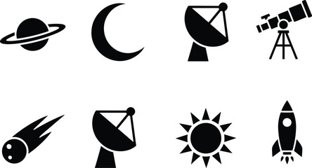 Space icon set, planet moon satellite telescope rocket, astronomy silhouette graphic, black white vector, cad drawing flat vector illustration © Hamim's World
