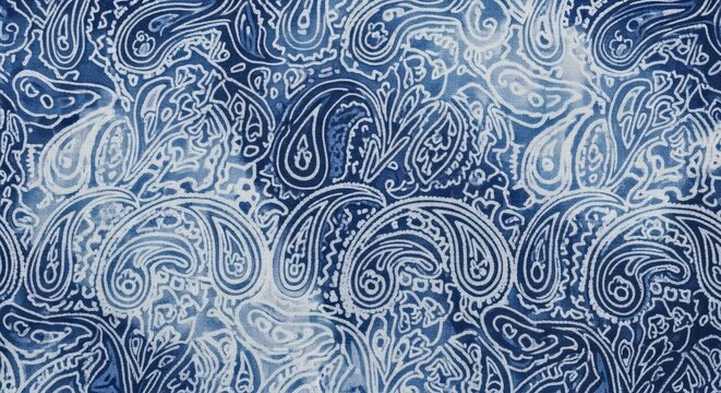 Blue and white paisley pattern on a textile with intricate swirling designs