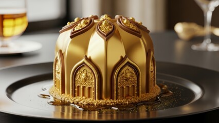 Luxurious golden cake displayed on a sleek black plate in an elegant setting