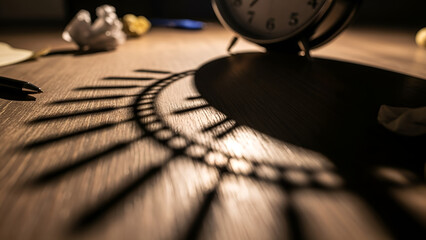 The shadow of a clock on a wooden desk represents the passage of time and the urgency of deadlines
