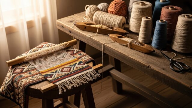 A rustic wooden table with spools of thread and a loom in a cozy room with natural light.