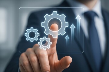 Digital Innovation in Action: A modern professional, demonstrating technological prowess by engaging with interactive digital components such as gears and ascending arrows on a touch screen.