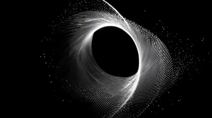 Abstract spiral shape with glowing white lines and dots on black background, creating dynamic and mesmerizing visual effect with sense of motion and depth