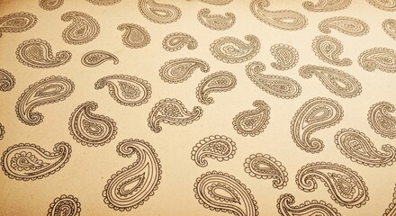 Close-up of a beige fabric with a repeating paisley pattern in brown