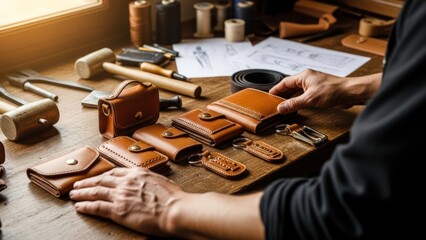 A person working on various leather goods at a wooden workbench with tools.