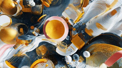 Abstract design with golden and white 3D shapes, spheres, and flowing lines creating dynamic modern composition with sense of movement and depth