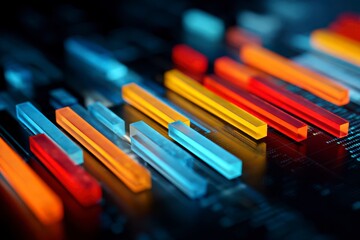 Modern financial model diagram with luminous bars in red, orange, and blue colors on dark digital background, representing data analysis and futuristic technology visualization