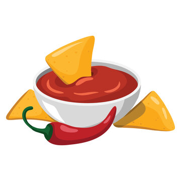 Nachos with red spicy salsa and chili pepper vector illustration corn chips with tomato sauce isolated on white background perfect for snack food design or recipe