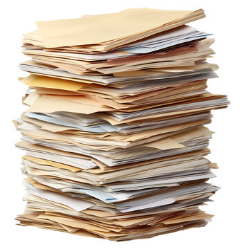 Tall stack of manila folders and papers representing office clutter and administrative work isolated on white background.