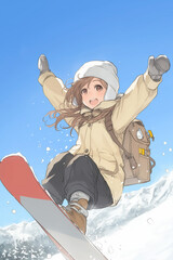 青空の雪山でスノーボードを楽しむアニメ美少女
