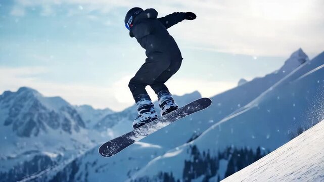 A dynamic of a snowboarder in action with the majestic backdrop of a snowy mountain landscape