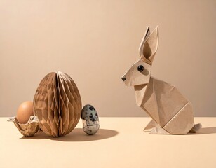 Origami bunny, honeycomb egg, real eggs, on beige backdrop