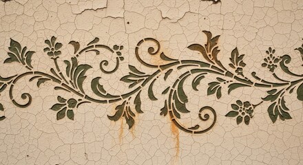 Close-up of a cracked wall with a floral design painted on it