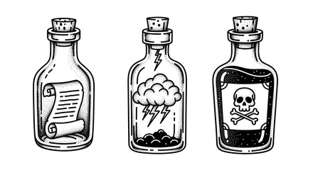 Three vintage glass bottles with cork stoppers containing magical potions and symbols.