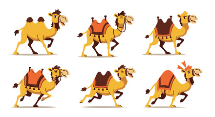 Set of six cartoon camels in different poses and running.
