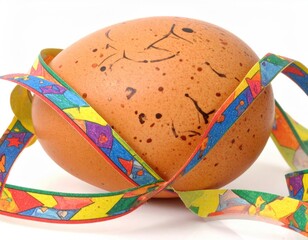 Speckled egg wrapped with bright festive ribbon