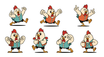 Set of cartoon chickens in various poses and expressions.