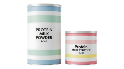 A visual representation of two protein milk powder containers one for adults and another for children side