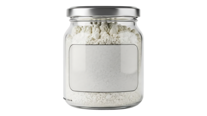 A clear glass jar filled with a white powdery substance possibly flour or baking powder is displayed