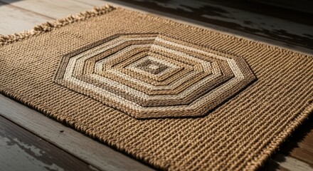 Close-up of a woven jute rug with a geometric pattern on a wooden floor