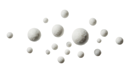 a minimalist composition of white spherical objects scattered against a completely black background with varying sizes