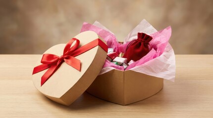 Small box with red bow and bottle of wine in it on.