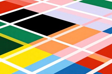 Colorful grid pattern with overlapping translucent squares in various bright colors creating modern abstract design with sense of depth and layered geometry