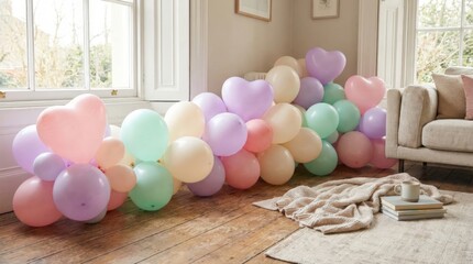 Bunch of balloons floor in front of couch with book and book.